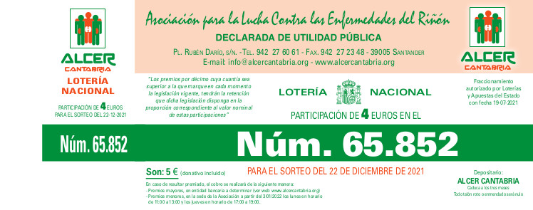 Ya a la venta la lotería de Navidad de ALCER Cantabria